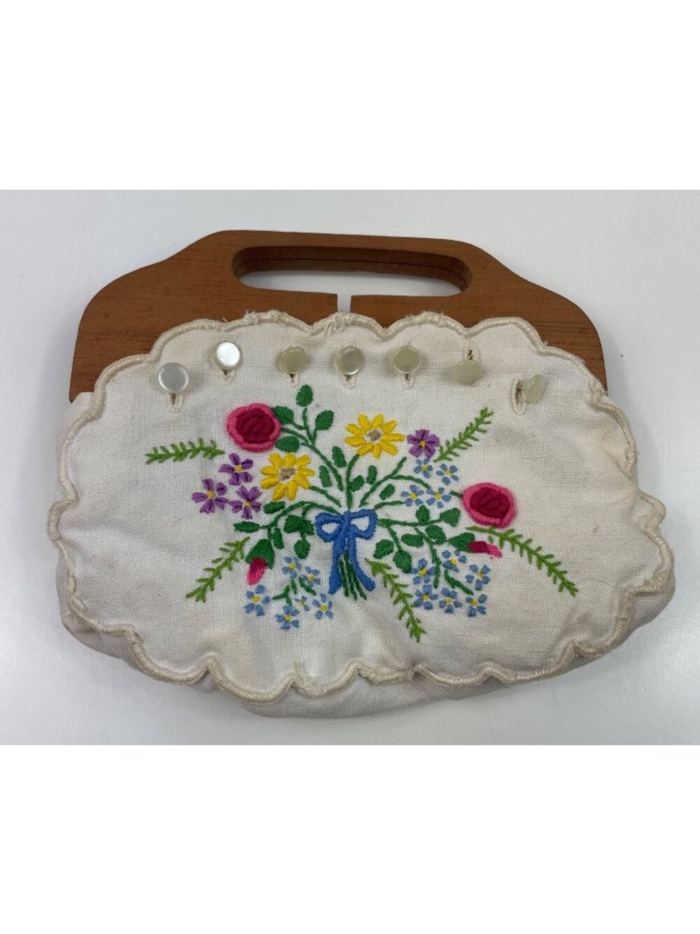 Vintage Embroidered Clutch CHILD Purse Hand Embroidered Floral Wooden Handle - Picture 6 of 10